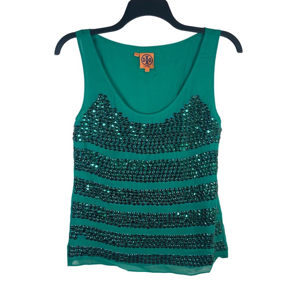 Tory Burch Kelly Green Sequin Striped Silk Tank Top Women's 8 Chic Sophisticated